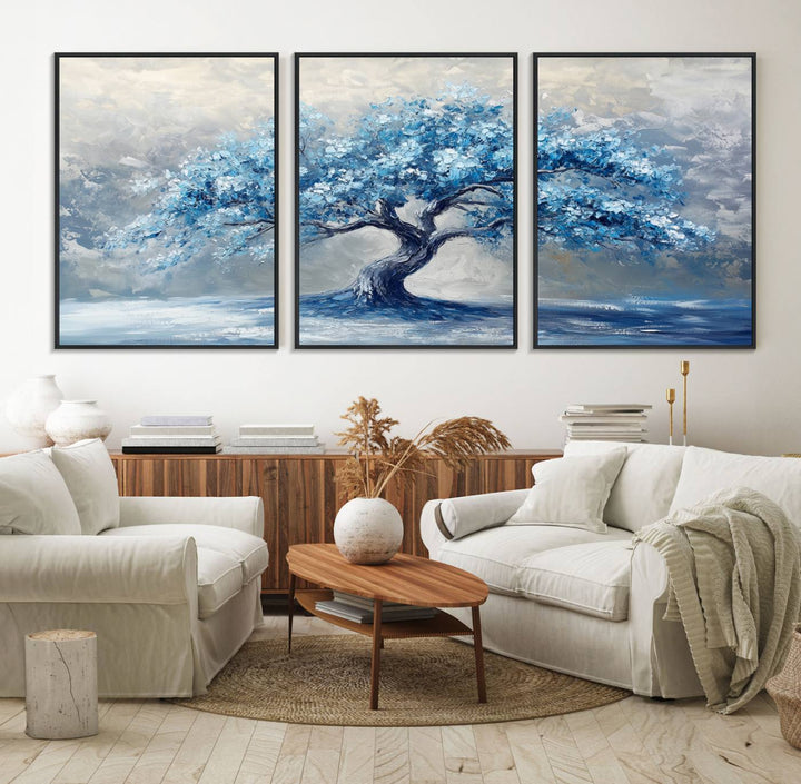 Abstract Blue Tree Art Print featuring textured blues and grays, perfect for farmhouse decor.