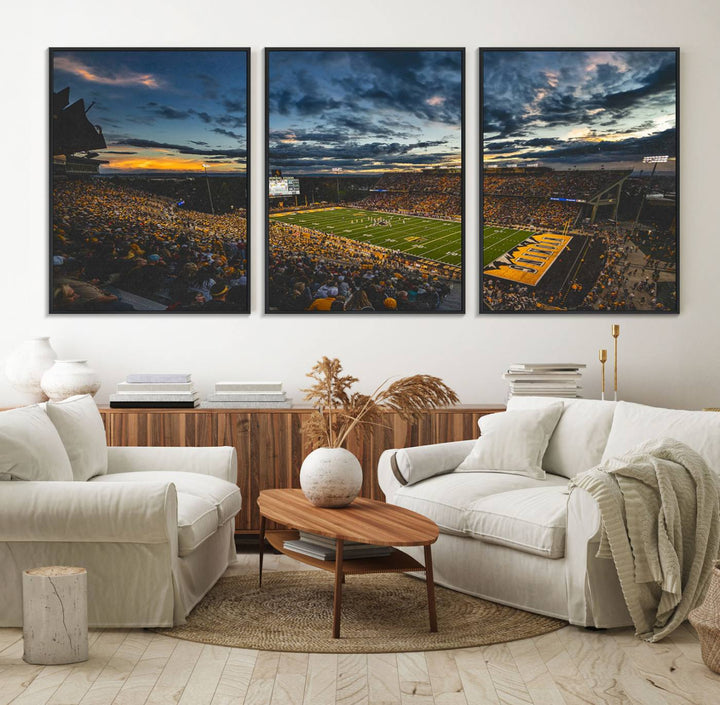 This University of Wyoming Cowboys canvas print features an aerial view of War Memorial Stadium at dusk, highlighted by dramatic clouds.