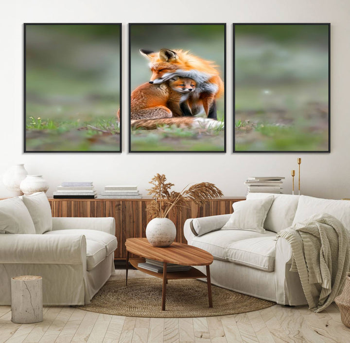 Heartwarming Fox and Baby Cub Wall Art - ready to hang, ideal for animal lovers, rustic decor, and cabin wall art.