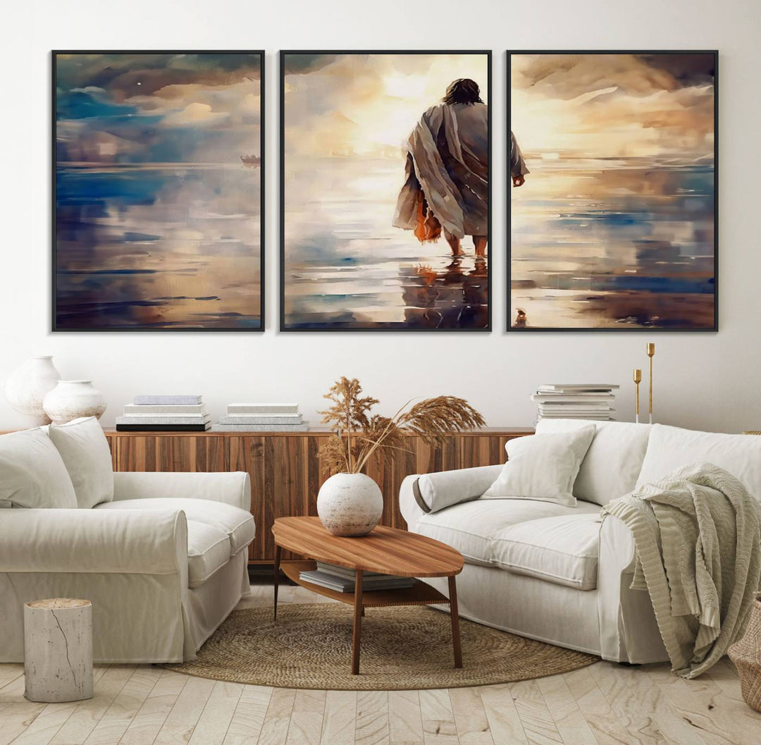 The wall art depicts a robed figure walking on water towards a boat, framed by a stunning sunset. This is showcased in the Jesus Walking on Water Triptych Canvas Print.