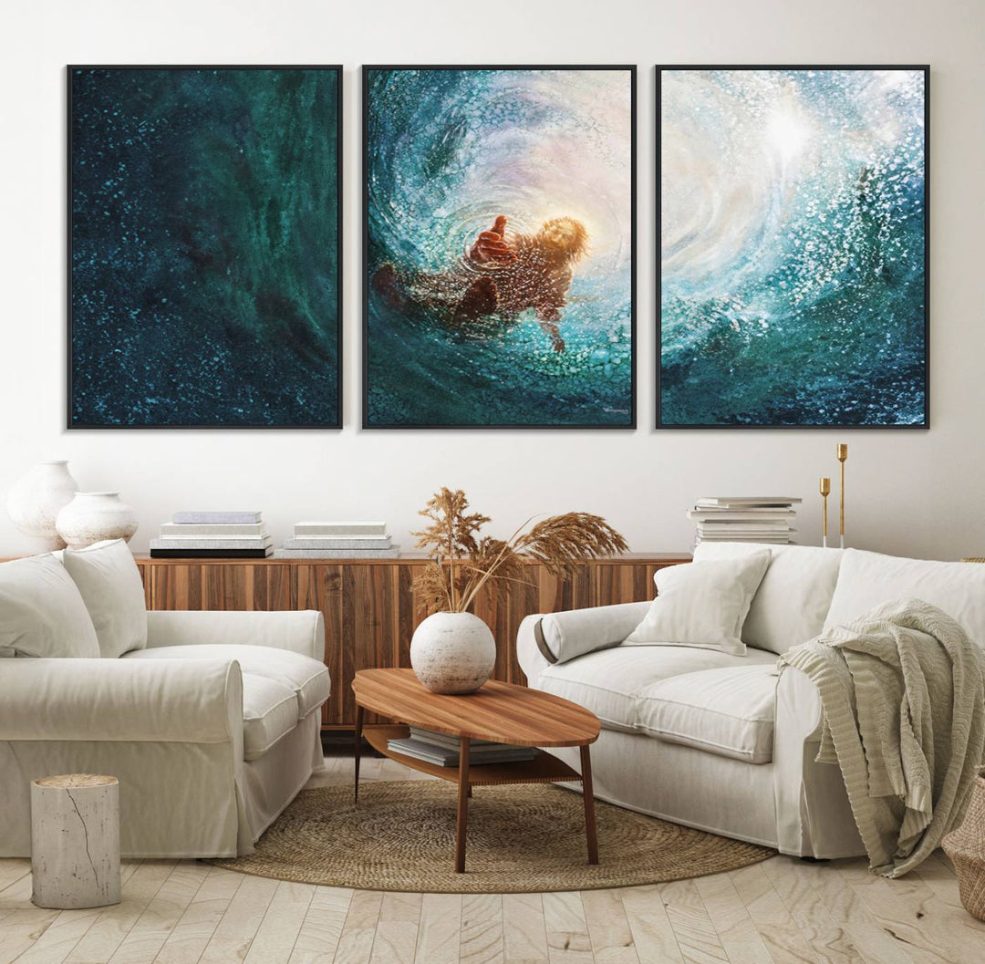 A swimmer heads towards light in an ethereal vortex on the Powerful Jesus Canvas Print - Hand of Salvation, Inspirational Wall Art.