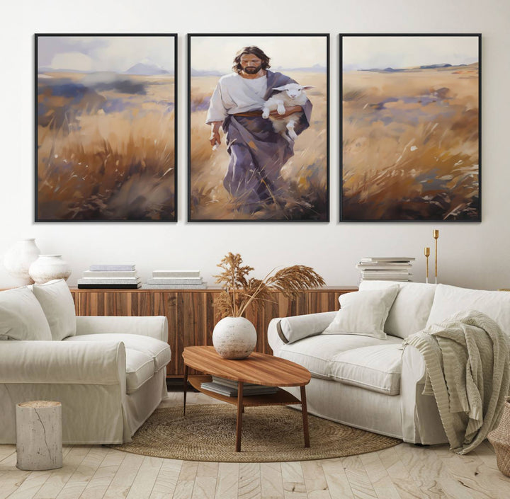 A canvas art piece depicts a bearded man carrying a lamb in a field, reminiscent of Jesus the Good Shepherd, ideal for prayer room decor.