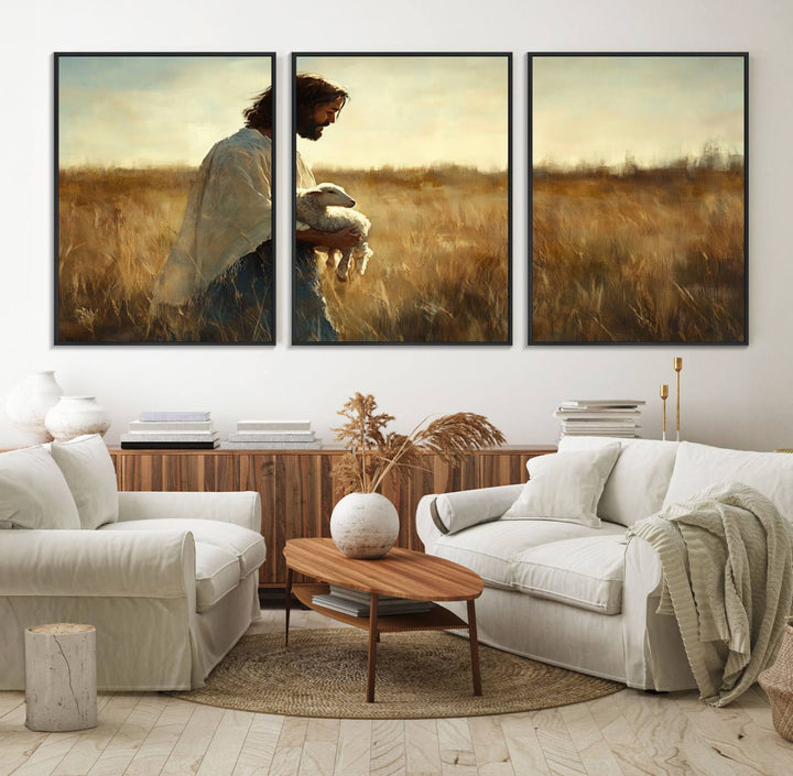 The Jesus the Good Shepherd wall art print depicts Jesus gently holding a lamb under a clear sky.