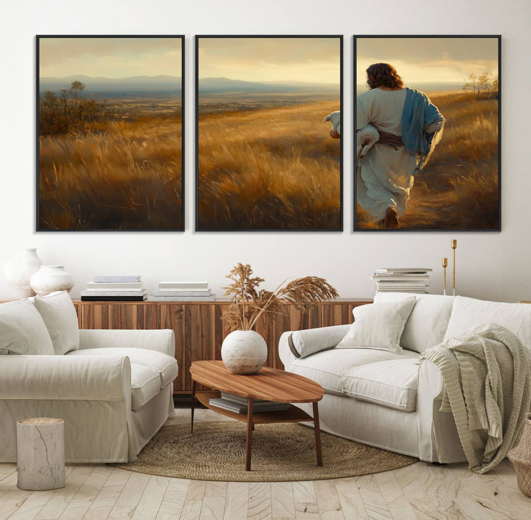 The wall art, titled Jesus the Good Shepherd, depicts a golden field at sunset.