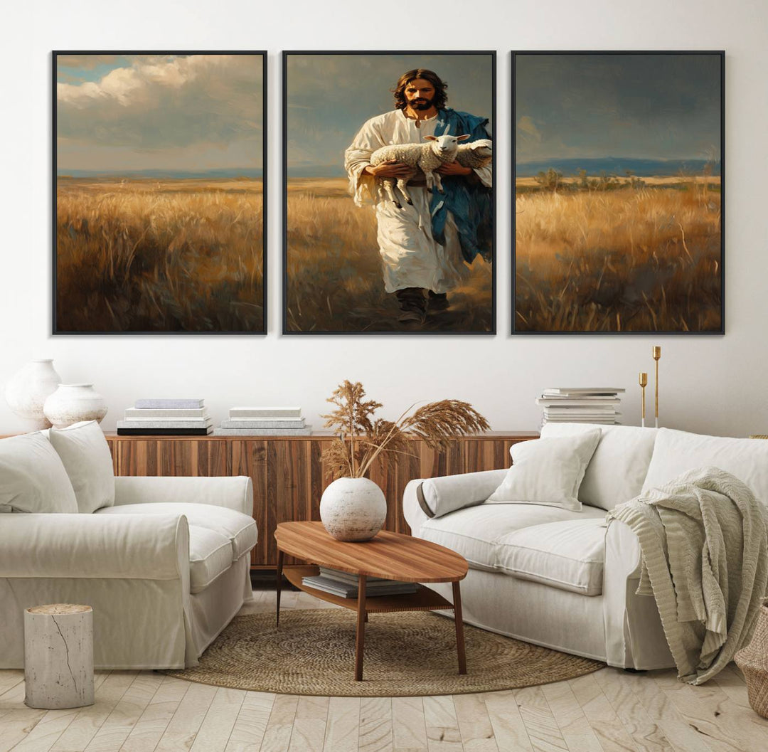 This Jesus Shepherd Wall Art depicts a figure in a white robe carrying a lamb, making it an ideal piece of Christian decor for your home.