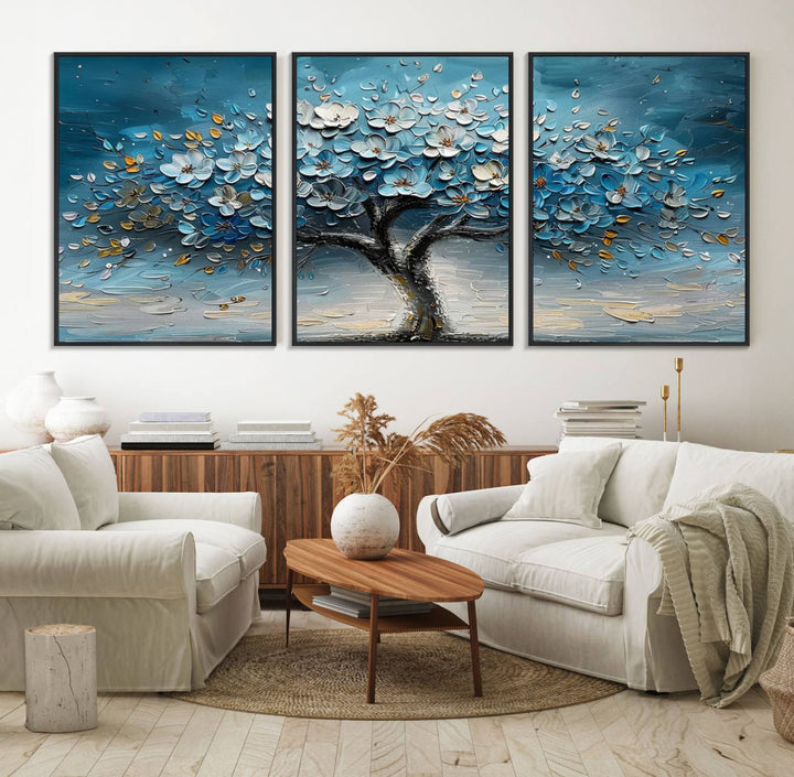 Abstract Blooming Tree Wall Art Print features blue, white, and gold textures on museum-quality canvas, perfect for modern decor.