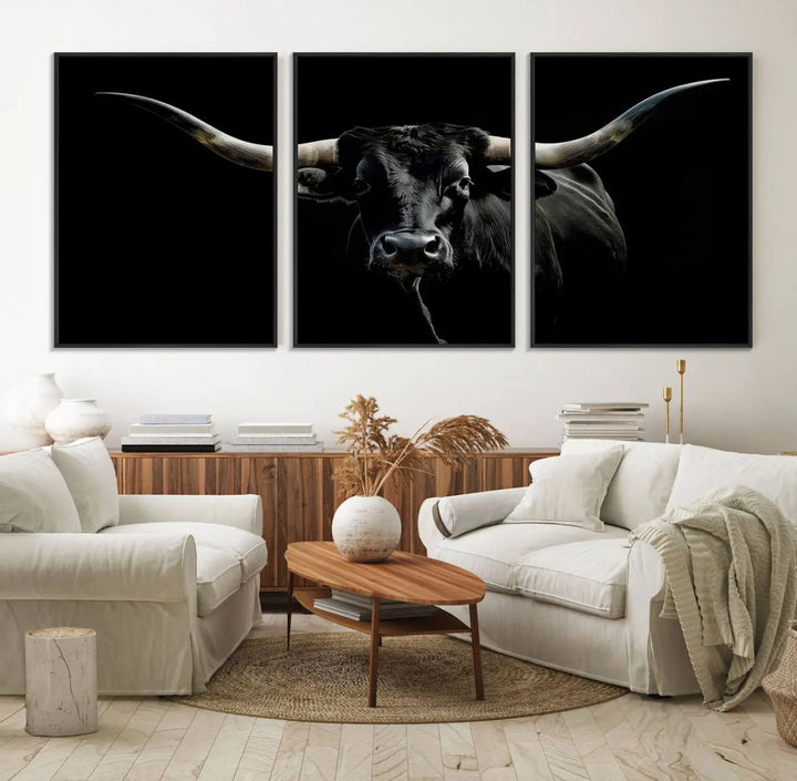 The Texas Black Longhorn Bull Canvas Print, featuring large curved horns set against a dark background, is ideal for Western decor.