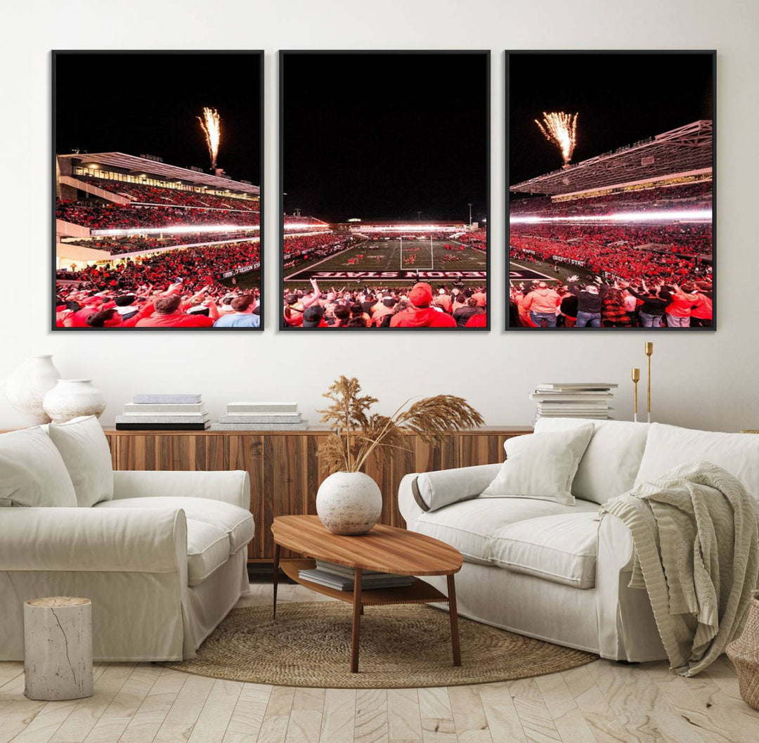 At Corvallis Reser Stadium, vibrant wall art captures the spirit of Oregon State Beavers football against a backdrop of a fireworks-lit night sky.