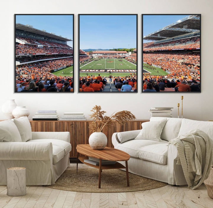 Wide-angle view of Corvallis Reser Stadium with Oregon State field, depicted in Beavers team print canvas art.