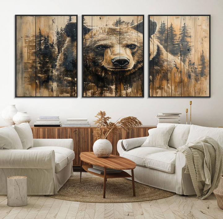 Majestic Grizzly 399 Bear 3-panel rustic canvas print with woodland theme.