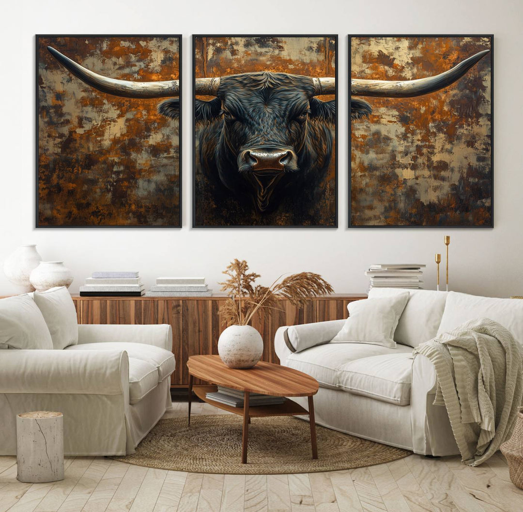 The Longhorn Texas Cow Bull Wall Art canvas print showcases rustic farmhouse decor.