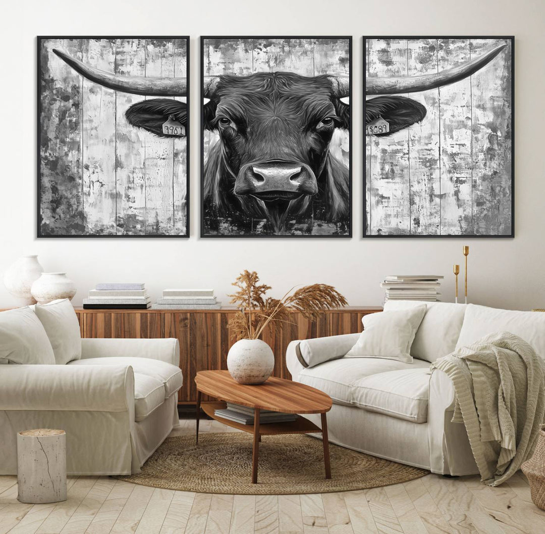 Abstract Longhorn Bull canvas print, featuring rustic Texas-themed wall art on a wooden background, ideal for Western decor.