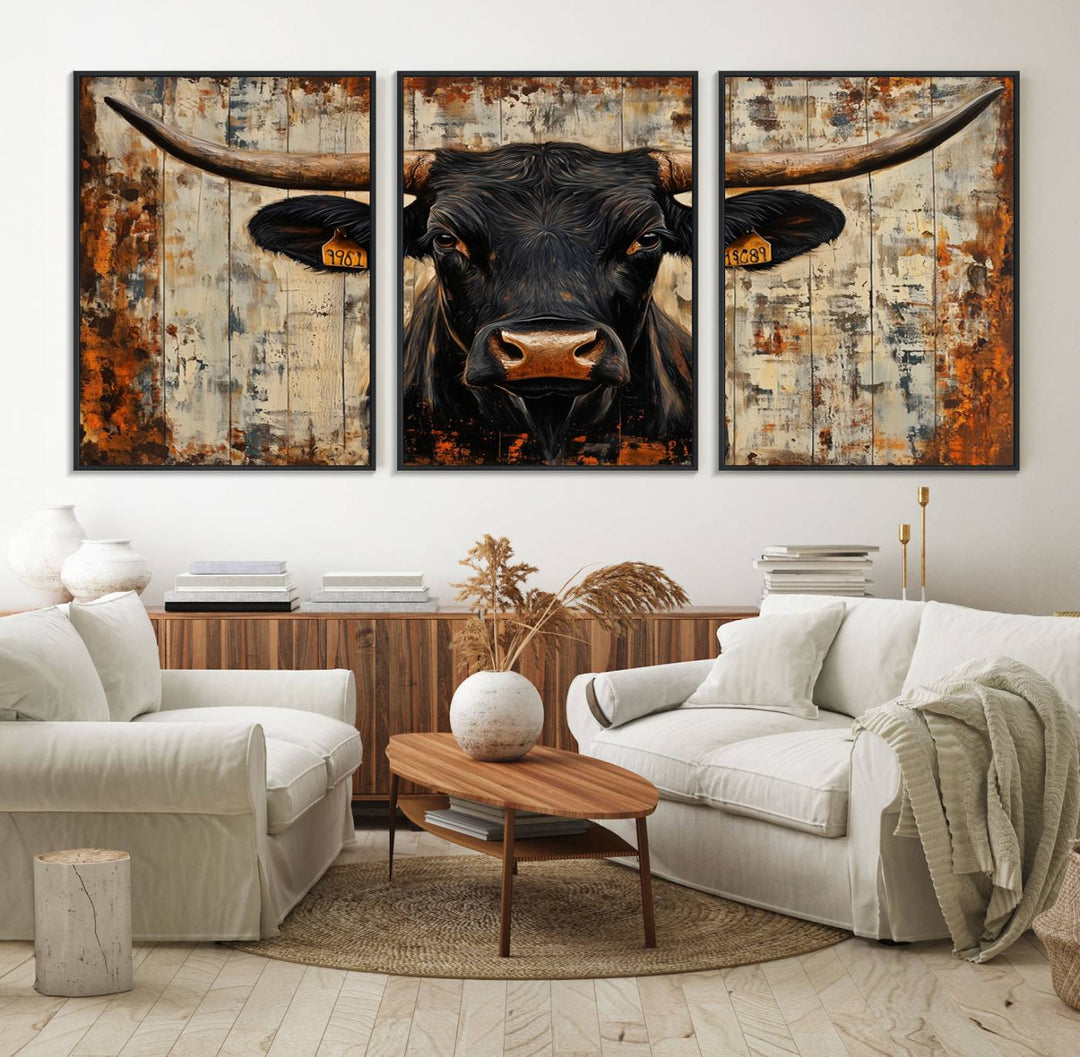 Black bull painting with horns and ear tags, ideal for rustic Texas decor - Abstract Cow Longhorn Bull Canvas Print.