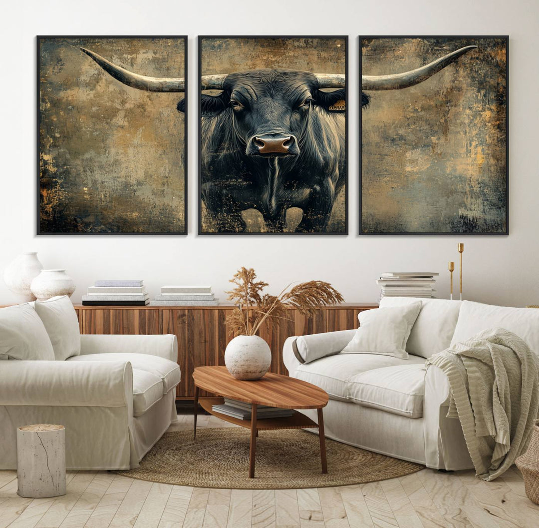 The Longhorn Bull Canvas Print features a bull with prominent horns facing forward, depicted in abstract Texas Western art style.