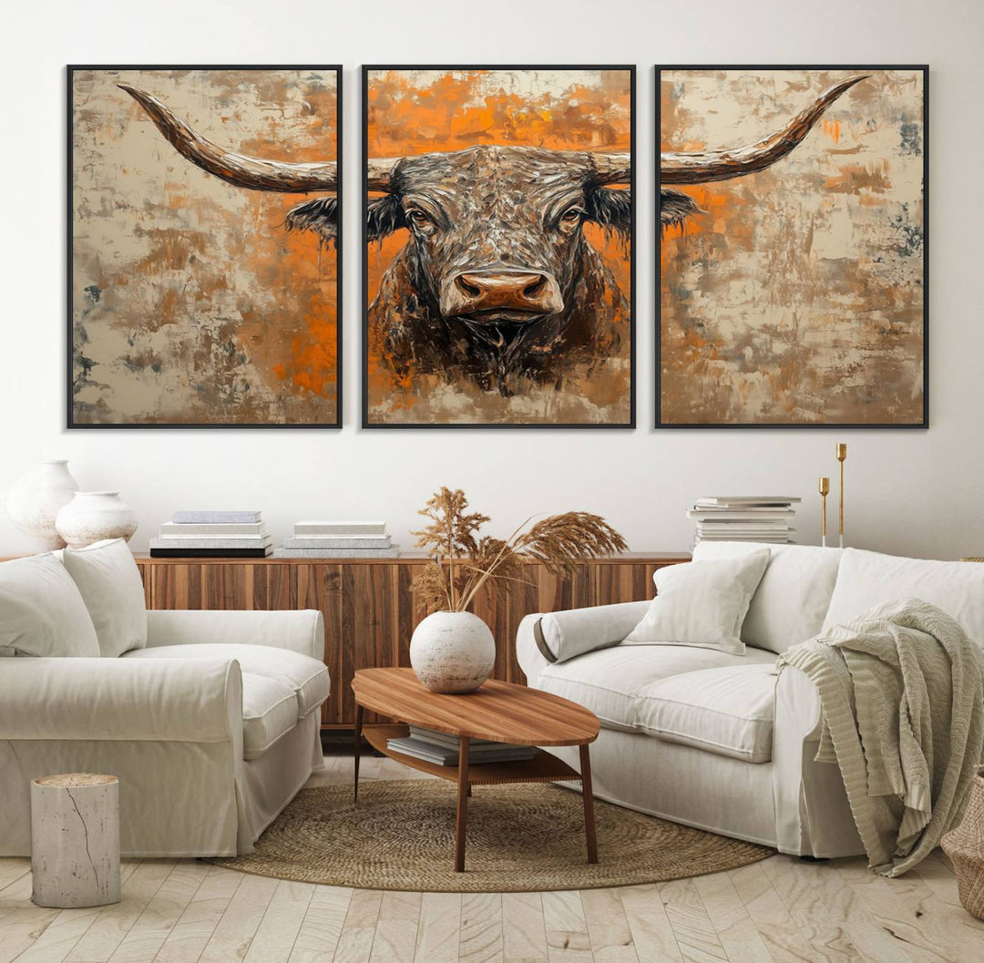 Abstract Cow Longhorn Bull Wall Art presents a detailed face centered on a textured orange and beige background.