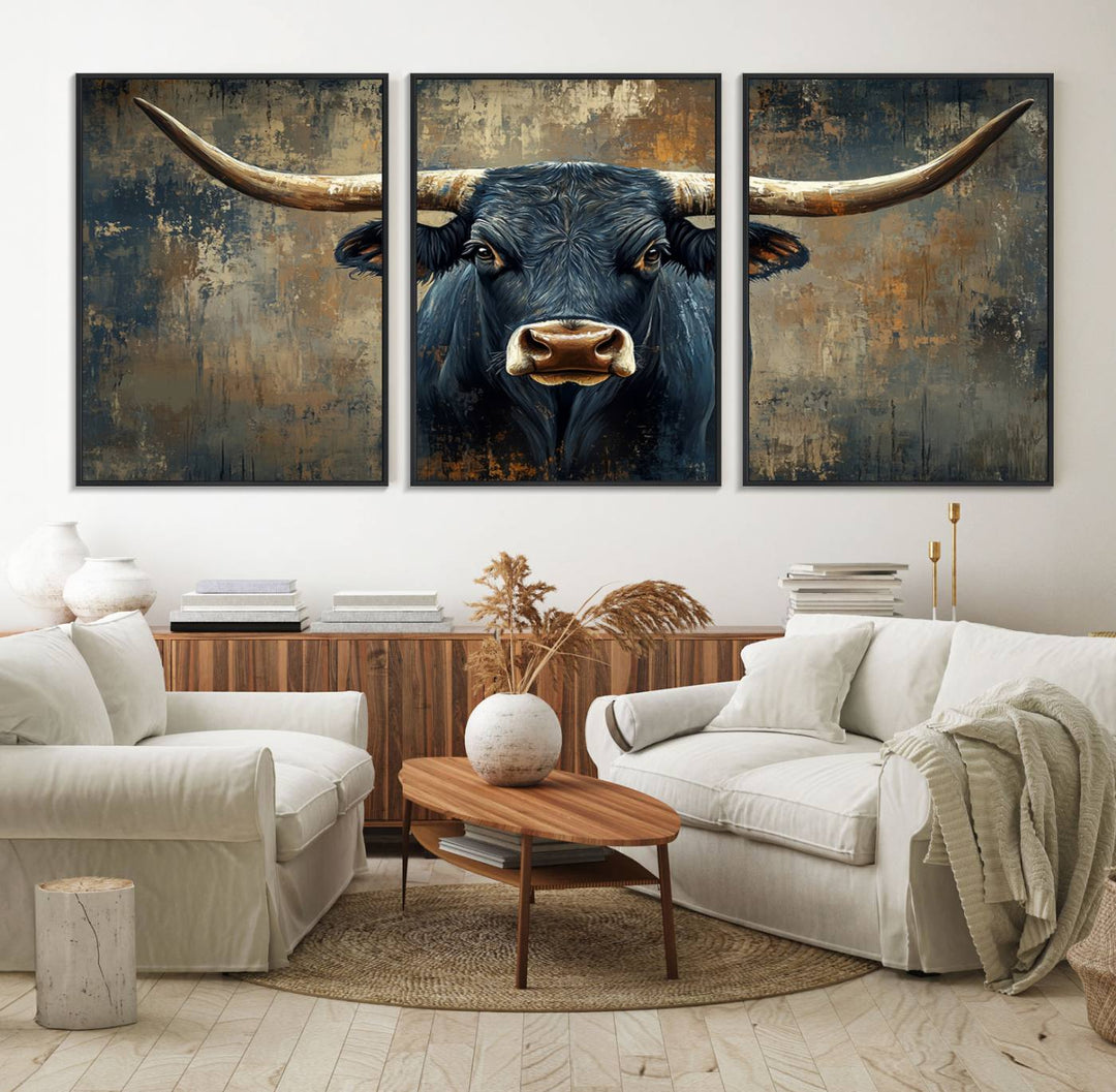 The Texas Western Wall Art Canvas Print showcases a Longhorn Bull set against an abstract brown and gray backdrop, making it perfect for rustic decor.