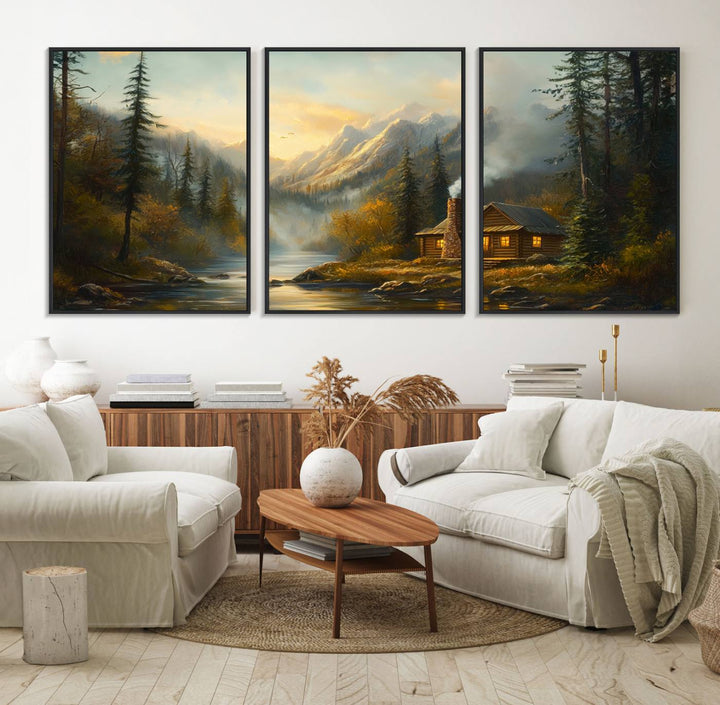 A cozy Wood Cabin Retreat Mountain at Sunset Wall Art features a serene forest and river landscape with smoke rising on a canvas print.