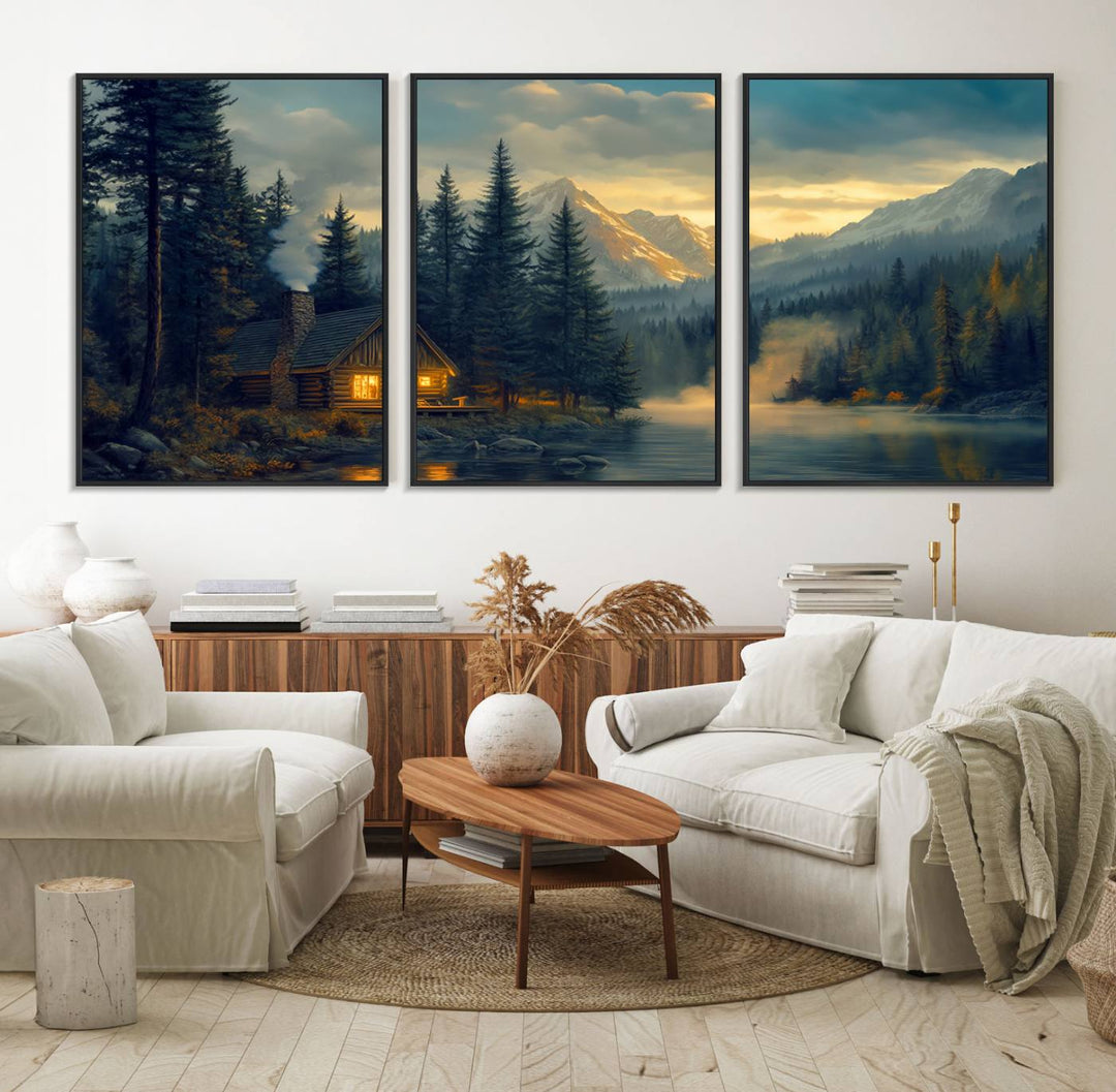 Serene sunset lake wall art: a cozy mountain cabin with lights, framed by pine trees and set against a moody sky. Ideal for adding rustic lodge charm to your space.