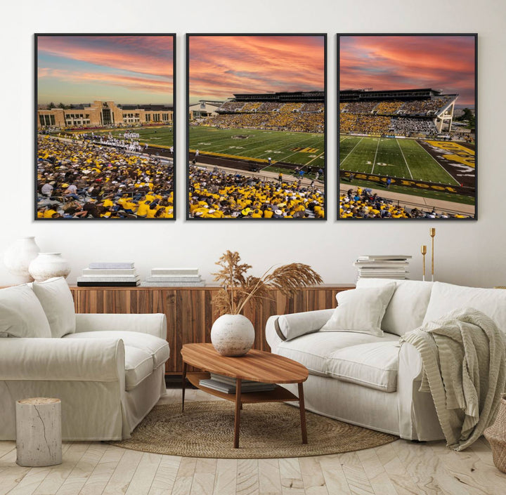 Capture the essence of a packed War Memorial Stadium at sunset with the Cowboys Football Canvas Print, highlighting fans cheering in yellow.