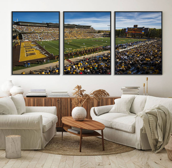 Canvas Wall Art Print: University of Wyoming Cowboys action at Jonah Field War Memorial Stadium under a sunny blue sky.