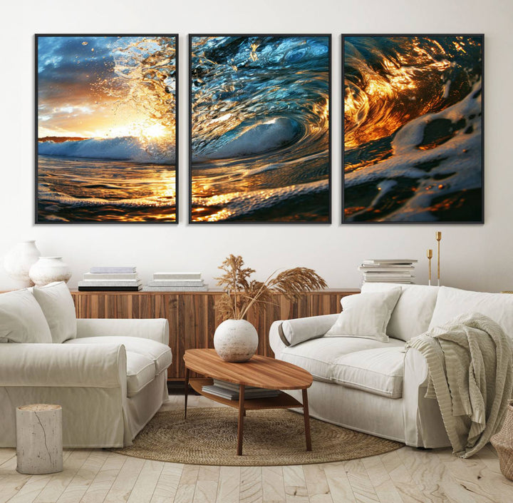 The Ocean Wave at Sunset canvas captures fiery waves with golden and blue hues, making it a perfect addition to nautical-themed decor.