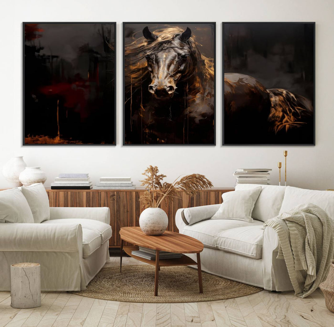 Abstract Black Horse Canvas Print – Featuring an equine spirit with a flowing mane on a dark background, perfect as farmhouse wall art.