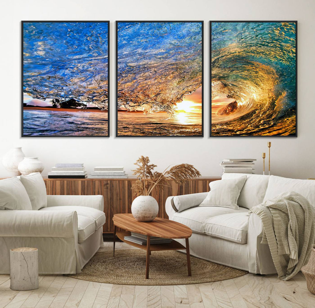 The Ocean Wave at Sunset Canvas Art captures vibrant coastal colors, perfect for nautical decor.