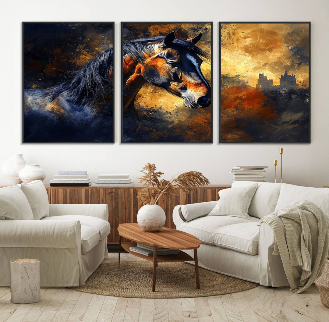 Abstract Horse Art Print on canvas, featuring a colorful background, perfect for rustic farmhouse or equestrian decor.