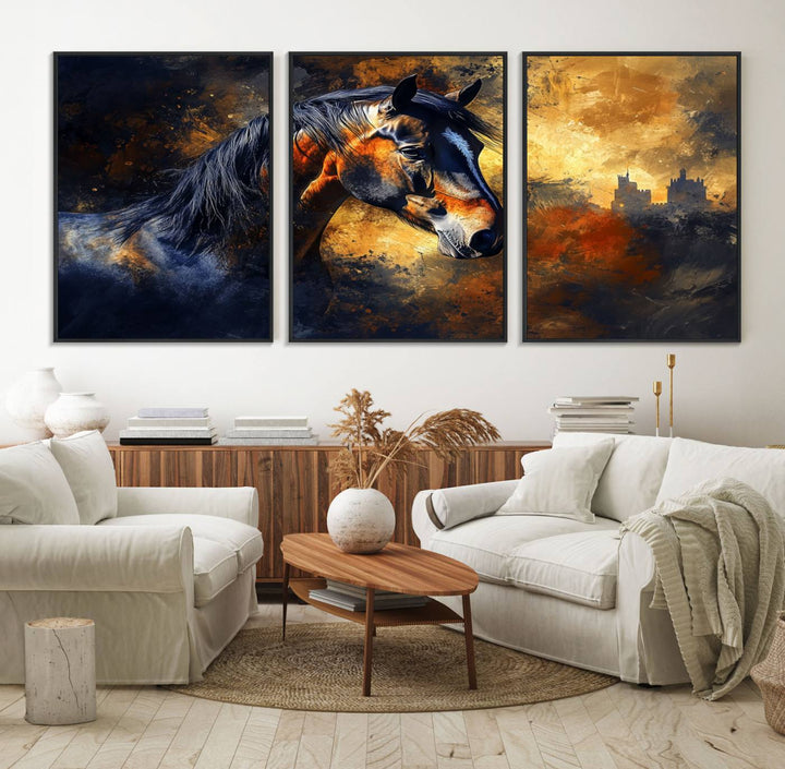 Abstract Horse Art Print on canvas, featuring a colorful background, perfect for rustic farmhouse or equestrian decor.