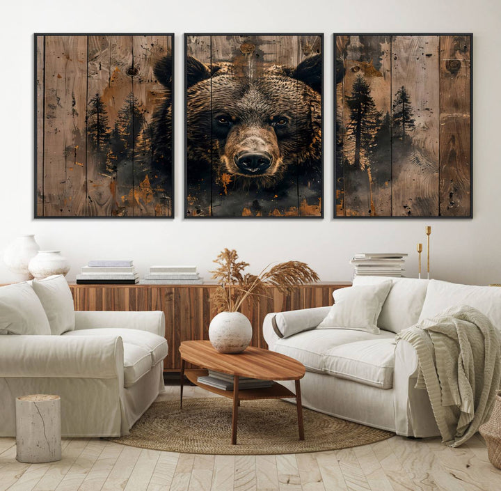 The bedroom showcases the Rustic Grizzly 399 Wall Art, a triptych canvas print that brings woodland charm to the space with its striking depiction of a bear. Elegantly displayed on a wooden wall, it enhances the rustic cabin feel.