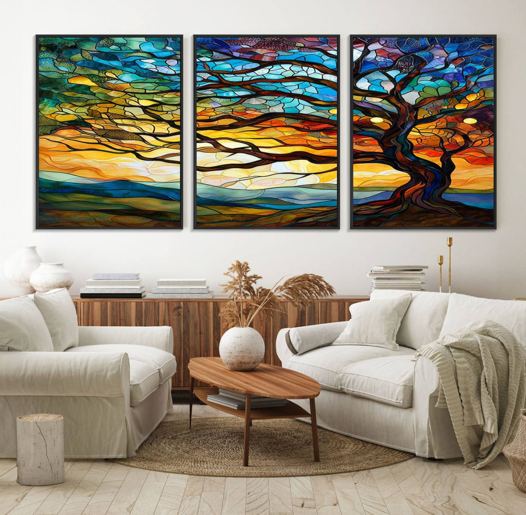 A vivid Tree of Life in stained glass style is depicted with twisted branches, a colorful sky, and hills on a ready-to-hang canvas.