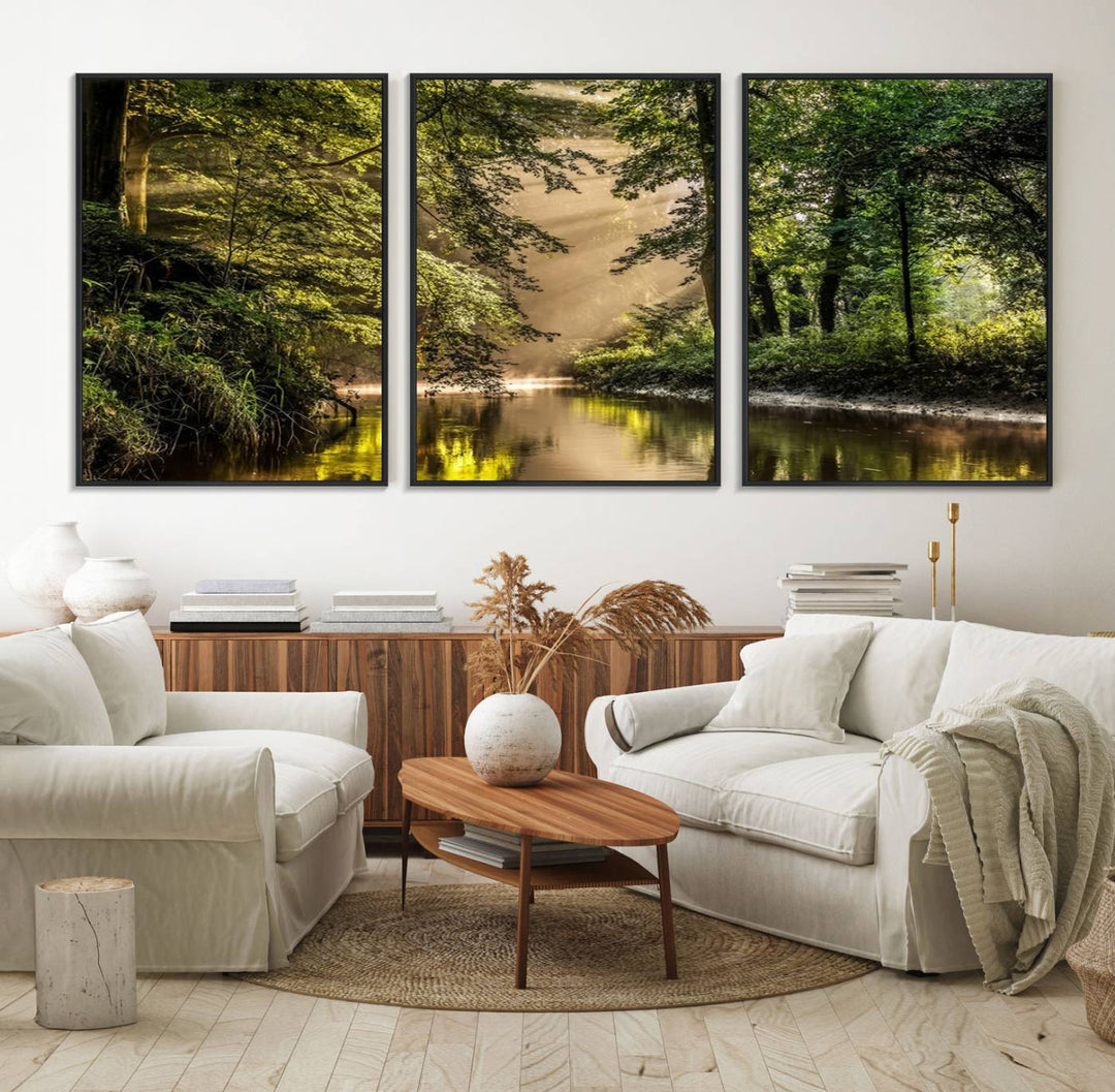 Forest Wall Art Print: A river landscape bathed in sunlight, perfect for rustic decor or as wall art for farmhouses and cabins.