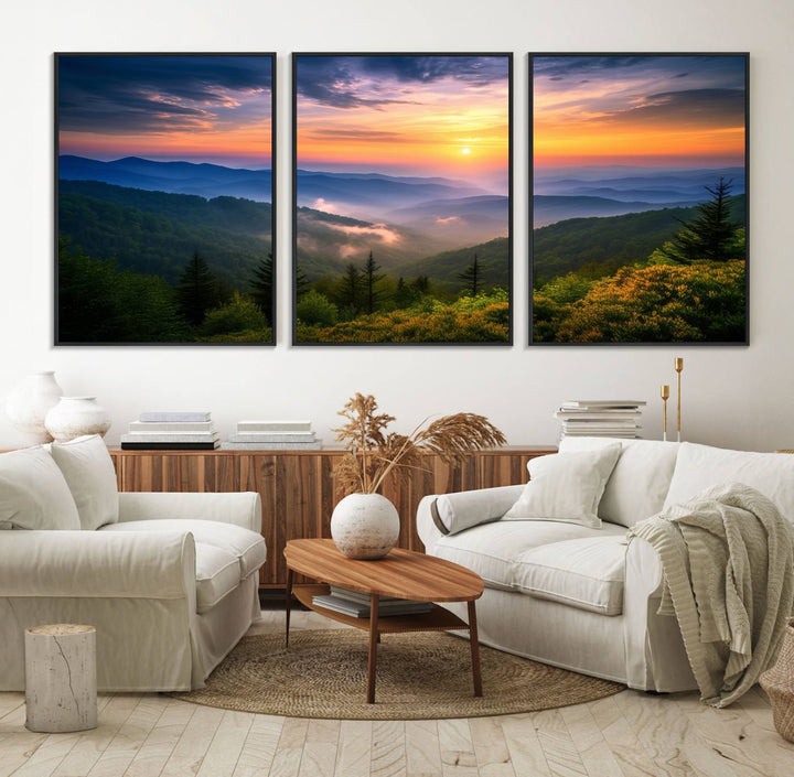 The Majestic Mountain Sunrise Print features a vibrant sky, layered hills, and evergreens, making it a stunning piece of wall decor.