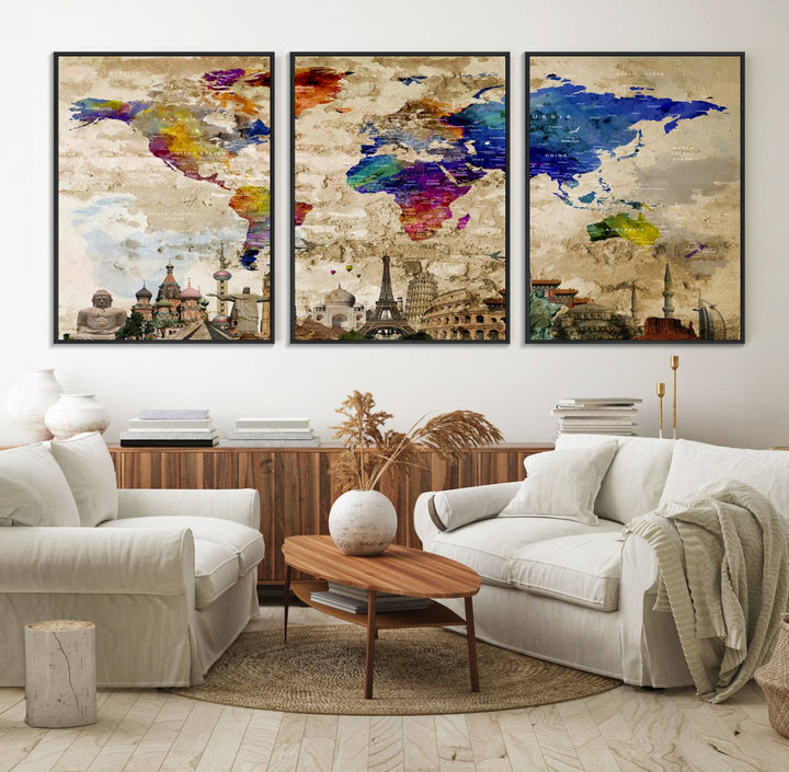 Artistic world map featuring landmarks like the Eiffel Tower, printed on premium wall art for office or living space.