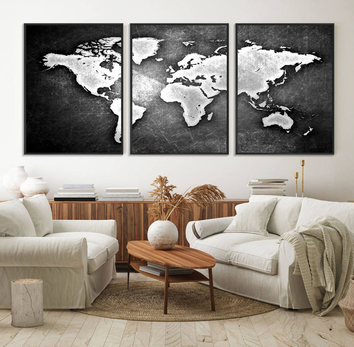 Black & White 3-Panel Framed World Map Canvas Art with Grunge Design.