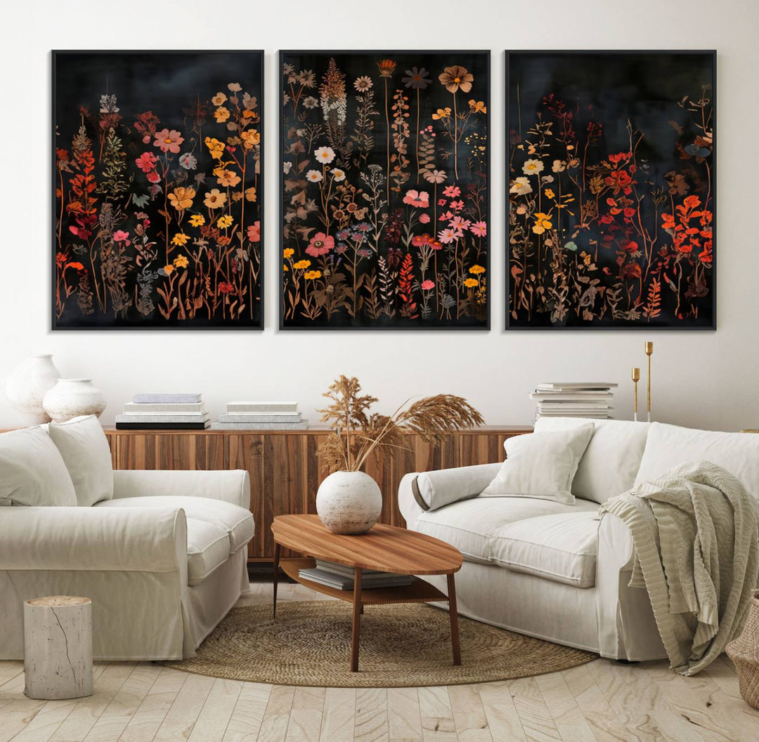 A large wildflower painting print on canvas featuring a colorful floral illustration, perfect as botanical decor for a stylish home.