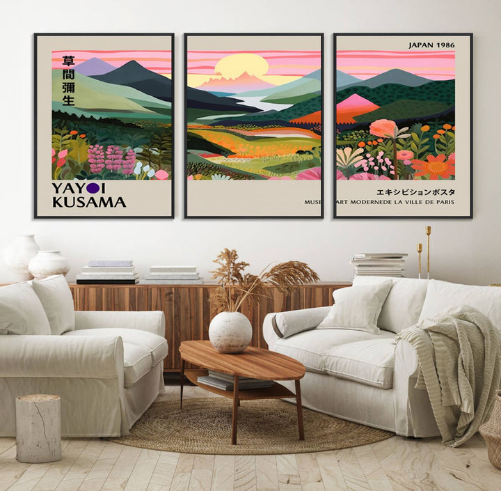 Vibrant abstract landscape canvas with mountains and fields, titled Yayoi Kusama 1986 Wall Art Print.