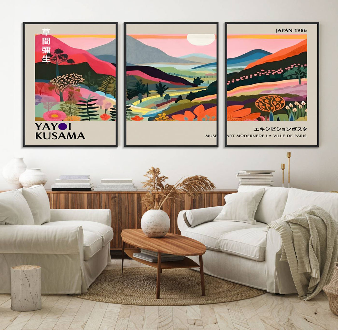 Vibrant abstract landscape canvas inspired by Yayoi Kusama, featuring mountains, trees, and flowers in a triptych style.