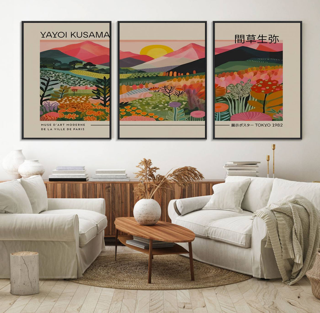 A vibrant abstract triptych features mountains, a sun, and plants in Yayoi Kusamas style with Japanese and French text included.