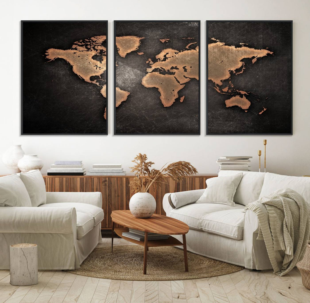 The Modern World Map on a metallic black canvas creates a striking effect.