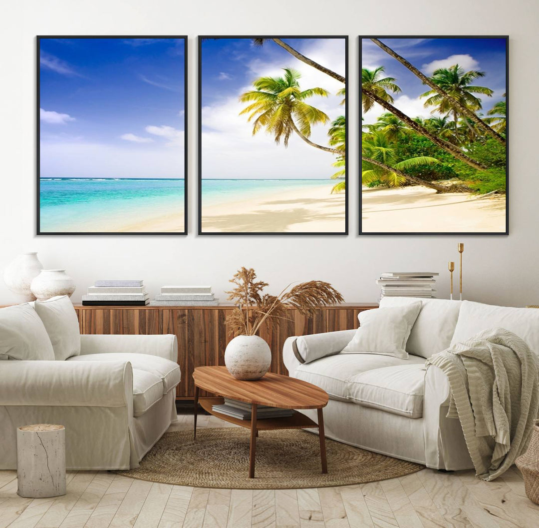 Tropical Beach Canvas: Palm Trees & White Sand Shore Decor, Vibrant Coastal Print, Ready to Hang.