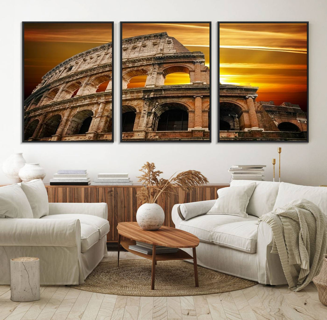 On the wall, theres a piece of art titled Colosseum with Yellow Sunset Behind, Italy.