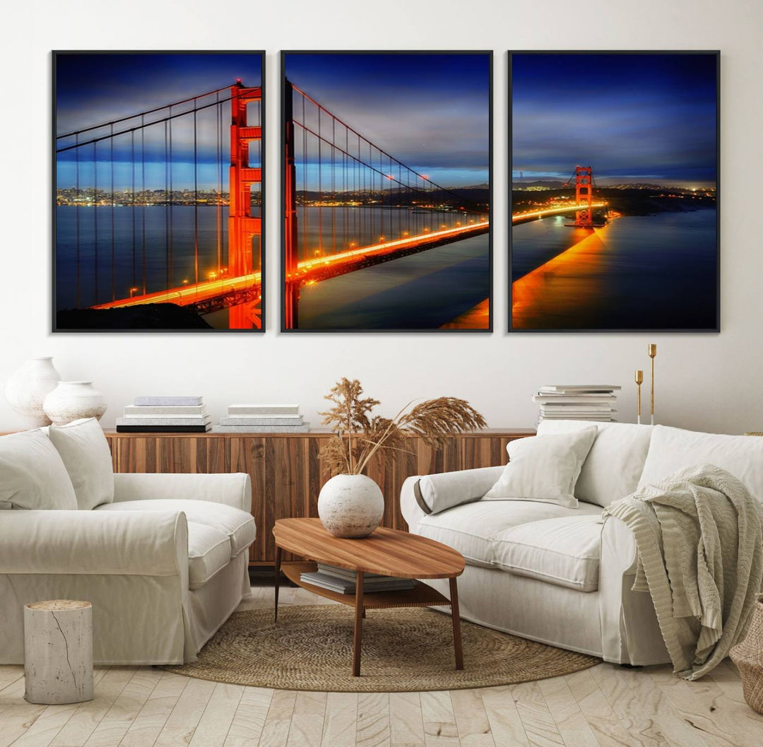 A large wall art San Francisco canvas print of the Golden Gate Bridge at twilight is displayed on a porch.