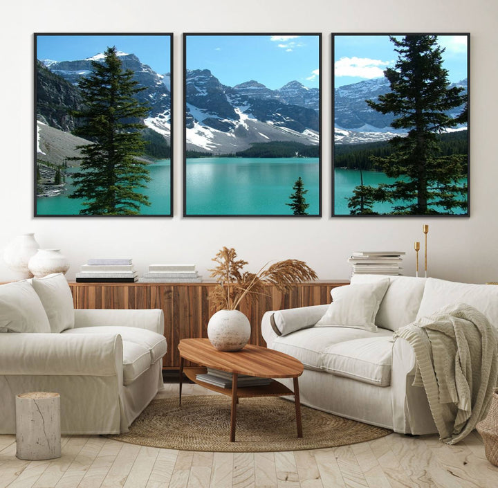 Canadian Rockies Moraine Lake Landscape Canvas Print showcasing a turquoise lake and mountain view.