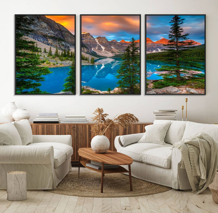 The dining room features a stunning piece of wall art depicting the Canadian Rockies Moraine Lake.