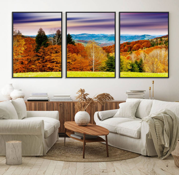The wall art in the kitchen dining area is a large Autumn Forest Mountain Canvas Print that captures a vivid scenic landscape.