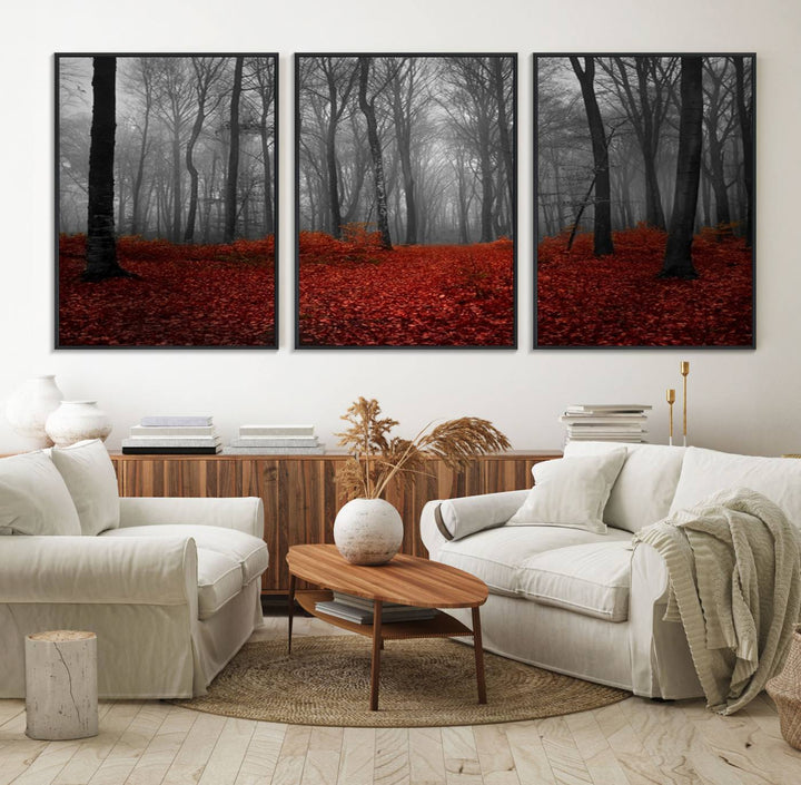 A large, museum-quality canvas print titled Wonderful Forest with Red Leaves.