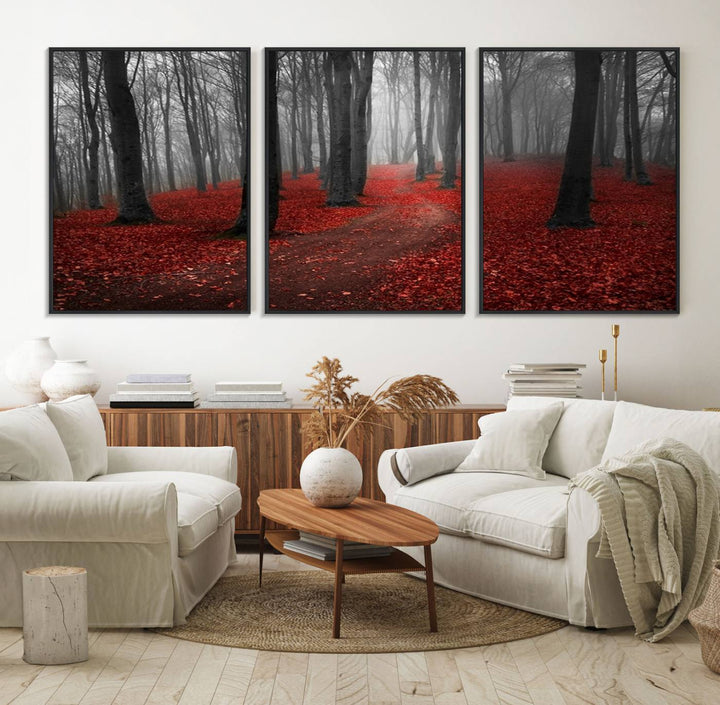 Wonderful Forest artwork: Triptych with red leaves, ideal for nature lovers.