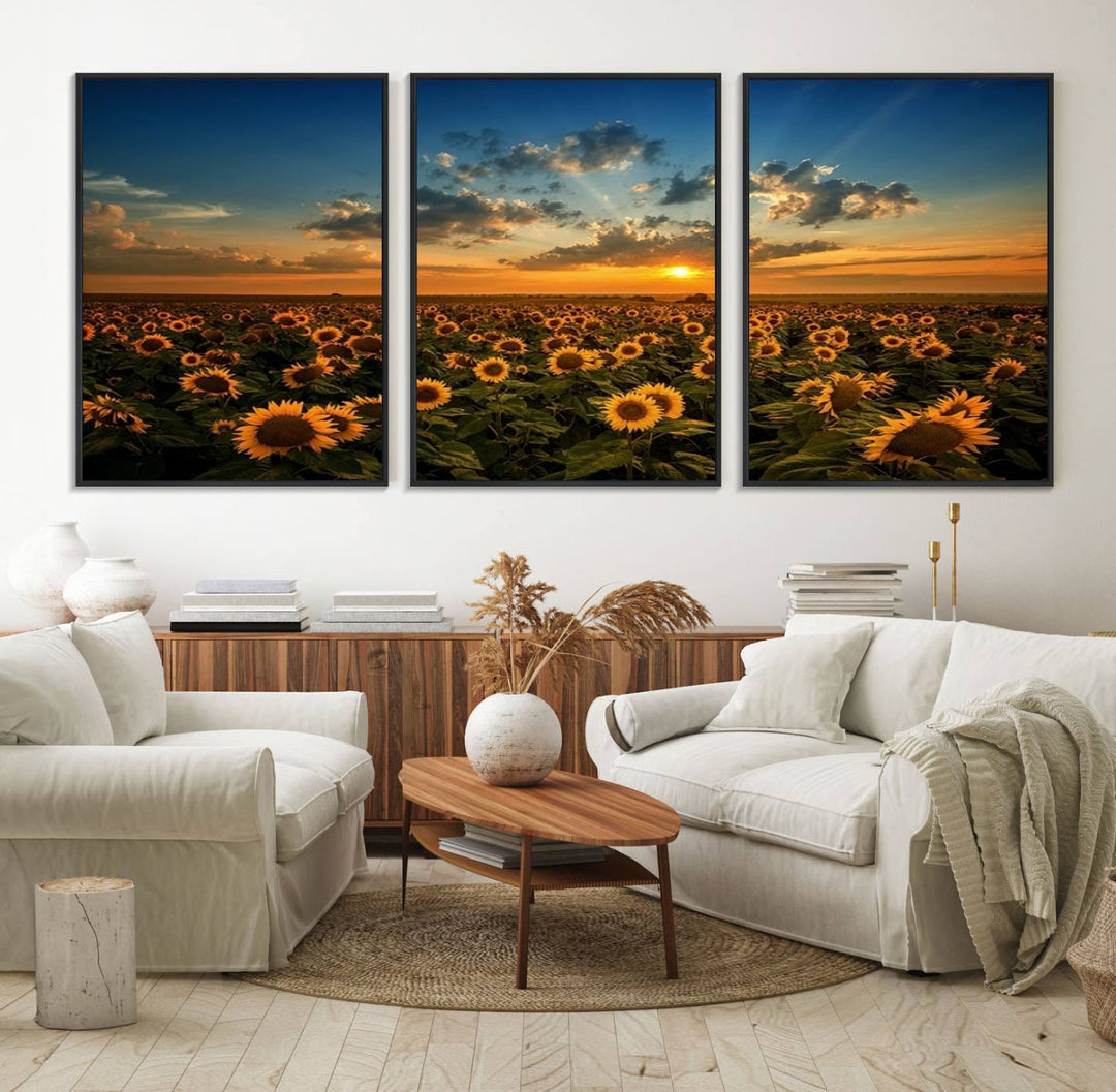 The dining area features the Sunflower Field Sunset Wall Art Canvas Print.