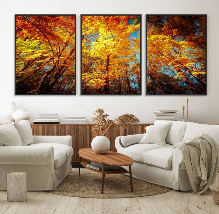 Forest View at Fall Wall Art hangs prominently, showcasing its beauty.